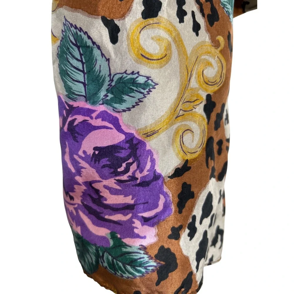 Capelli New York 100% Silk‎ Scarf Purple Roses Floral Animal Print Brown